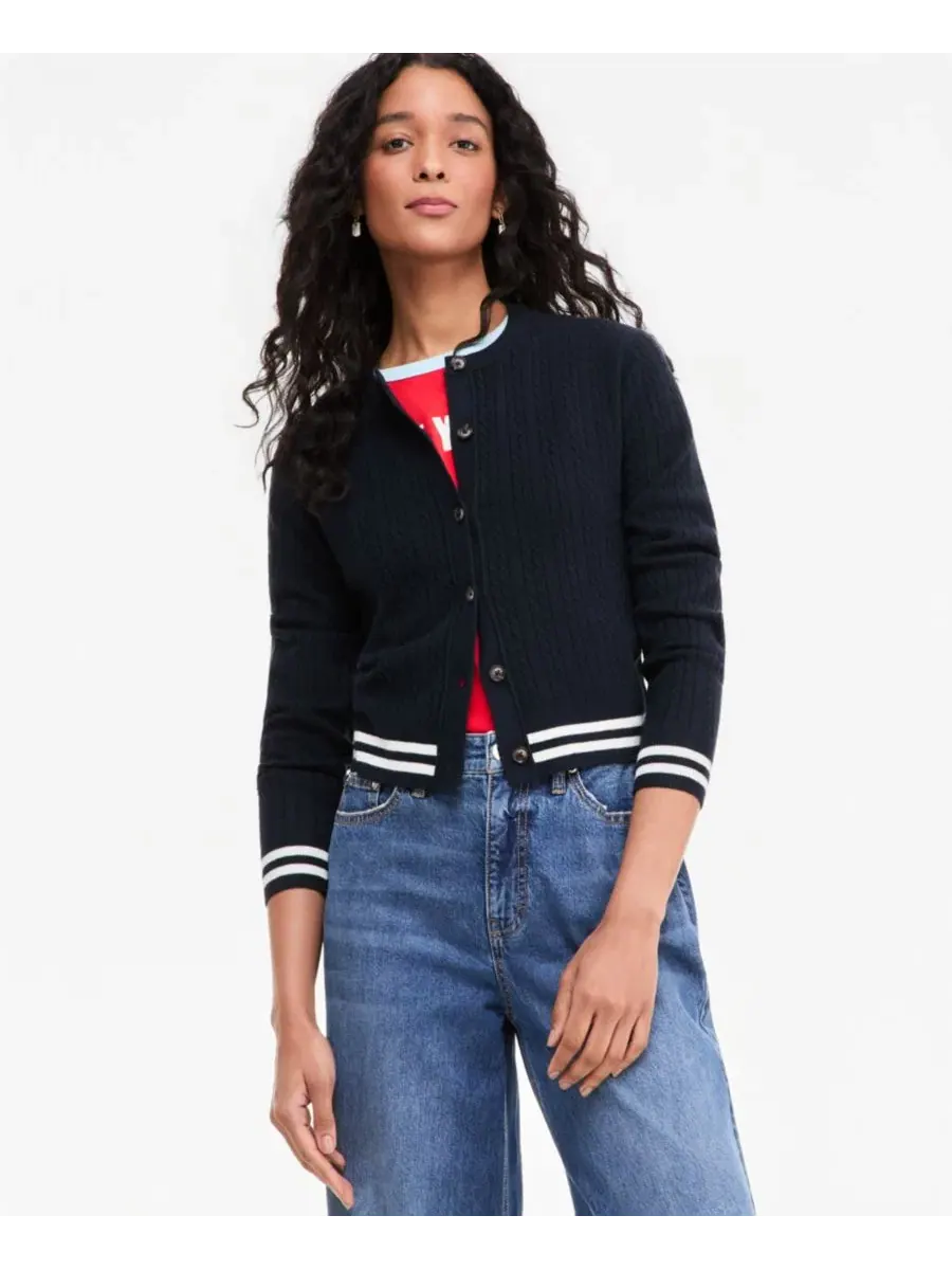 Кардиган с контрастной отделкой Tipped Cable Crewneck On 34th — изображение 1 из 6, темно-синий