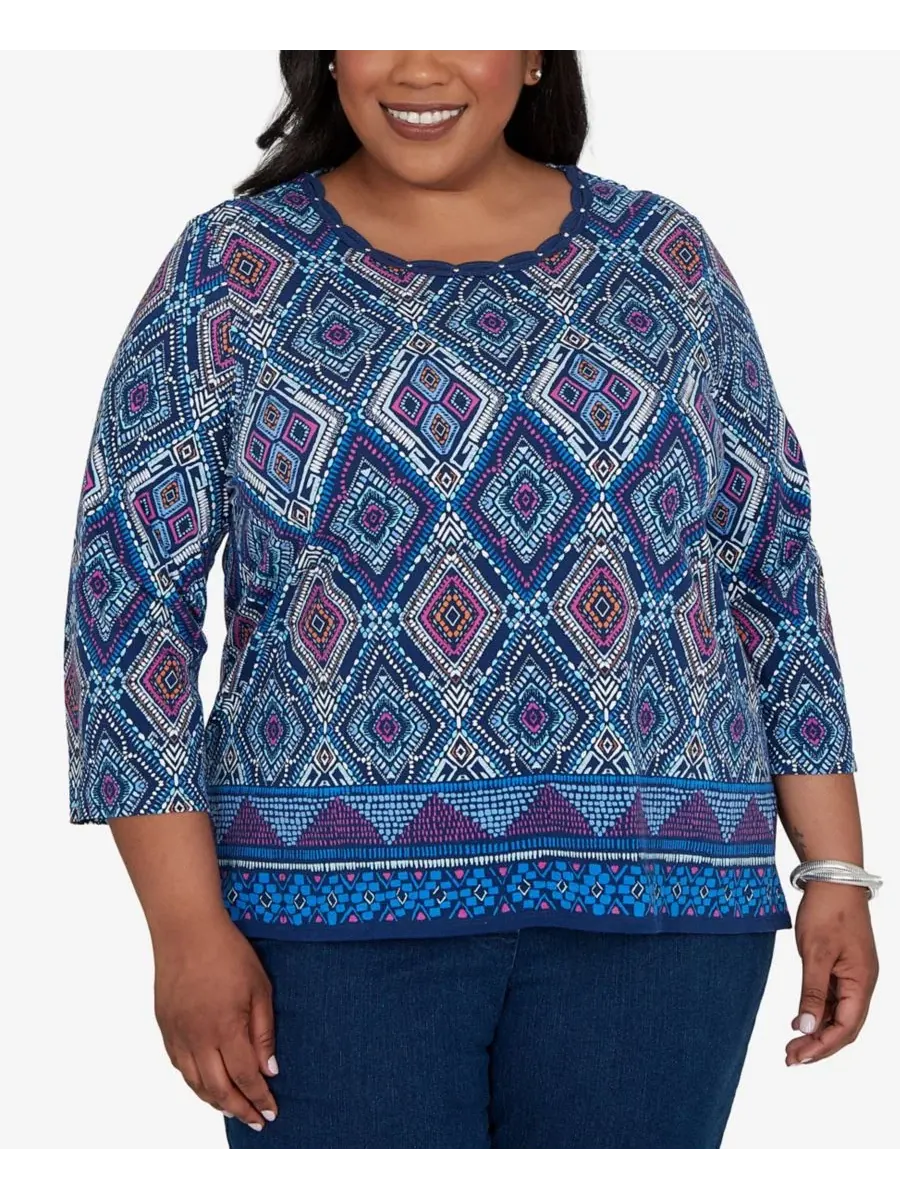 Топ с принтом-калейдоскопом Plus Size Kaleidoscope Print Knit Top Alfred Dunner — изображение 1 из 5, джинсовый синий