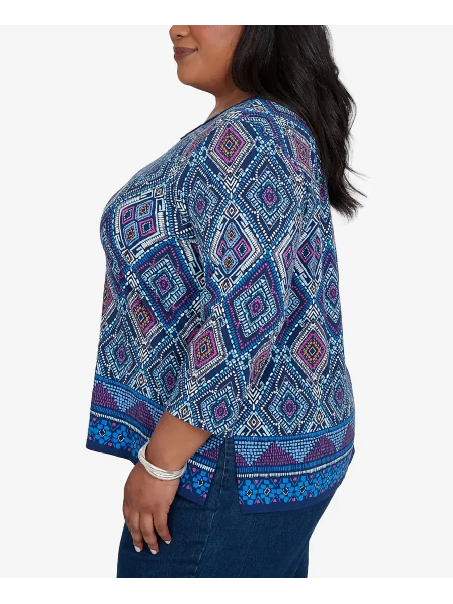 Топ с принтом-калейдоскопом Plus Size Kaleidoscope Print Knit Top Alfred Dunner — изображение 3 из 5, джинсовый синий