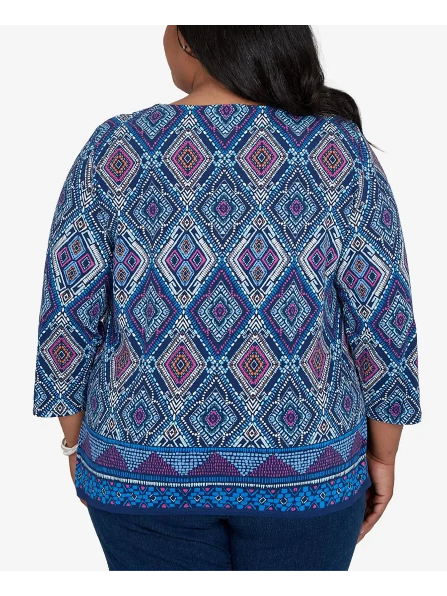 Топ с принтом-калейдоскопом Plus Size Kaleidoscope Print Knit Top Alfred Dunner — изображение 5 из 5, джинсовый синий