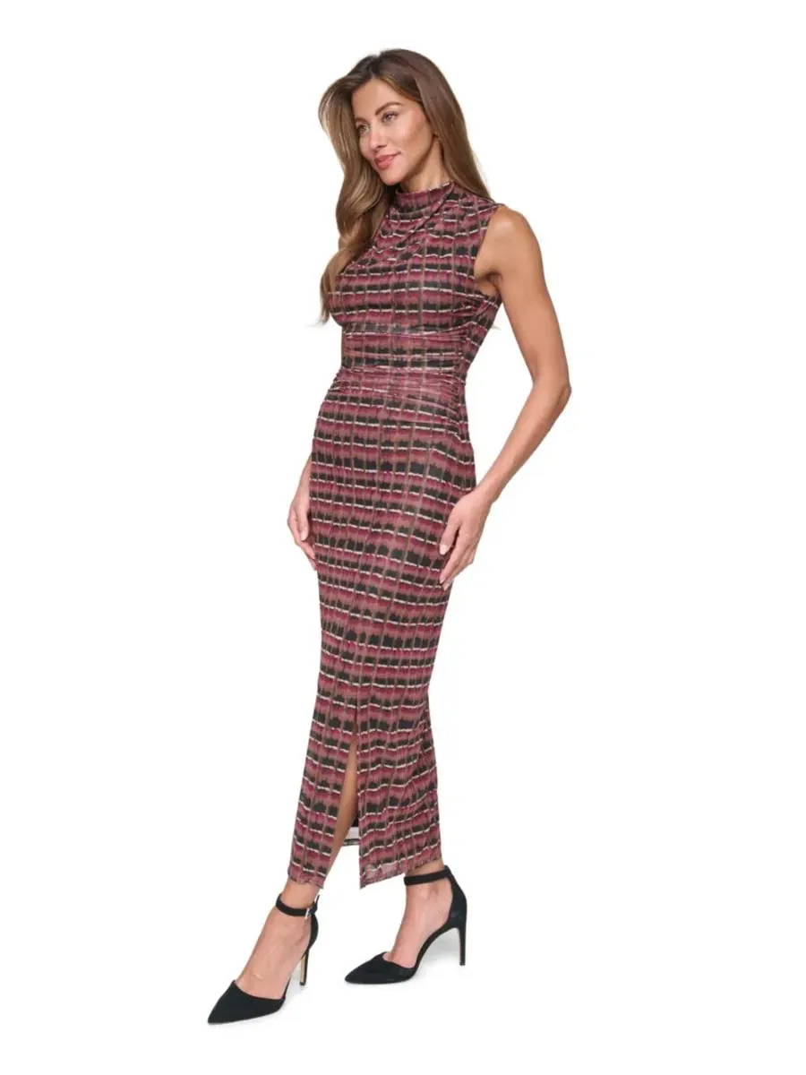 Платье с запахом и разрезом, модель Petite Cowl-Neck Printed-Mesh Side-Slit Vince Camuto — изображение 2 из 5, винный черный