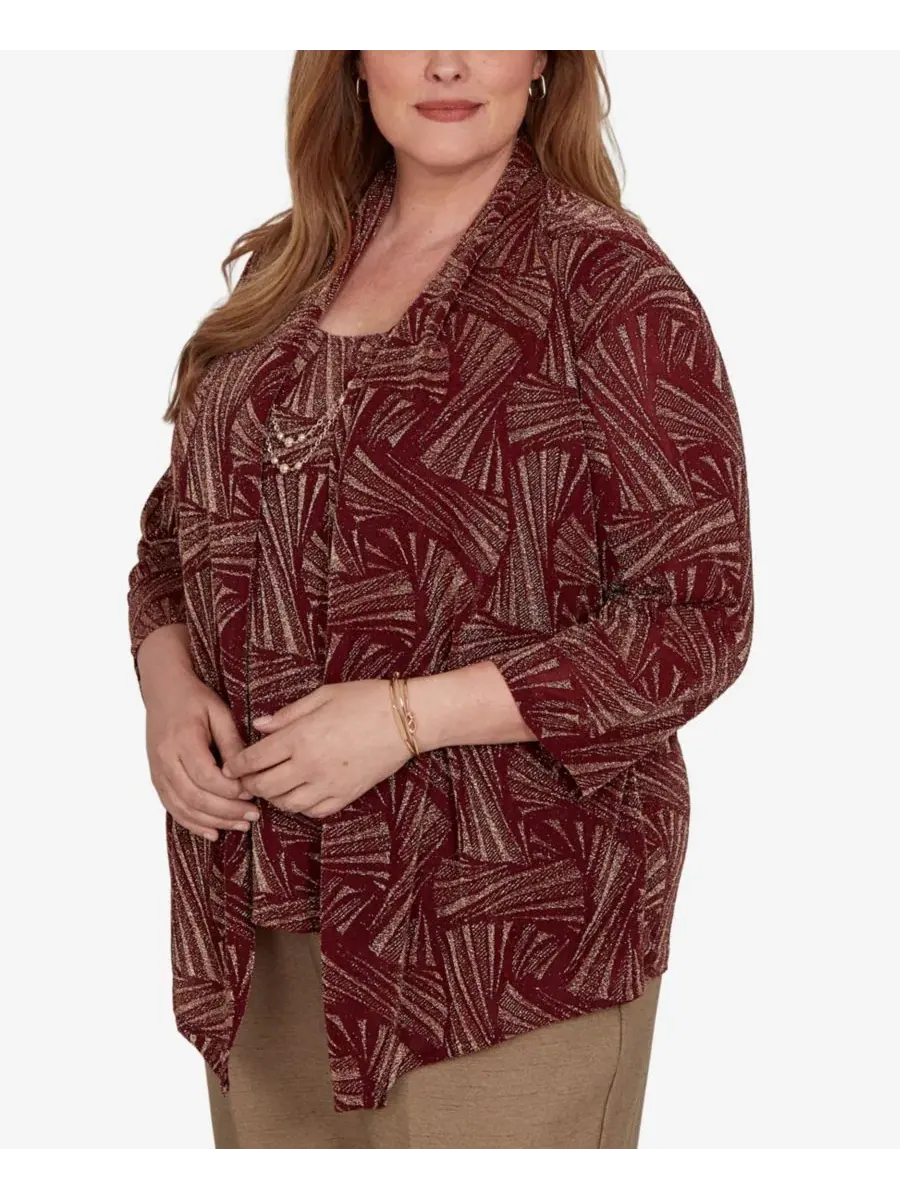 Блуза с принтом Union Square Shimmer Abstract Two-in-One Alfred Dunner — изображение 2 из 5, клюквенный