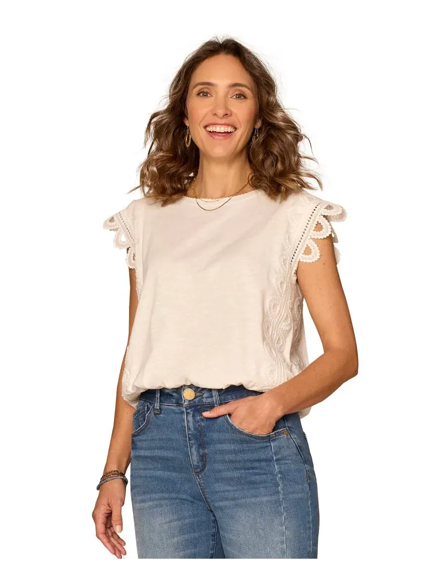 Топ с баской и рукавом-крылышком Petite Bubble Hem Cap-Sleeve Top Democracy — изображение 1 из 3, белый