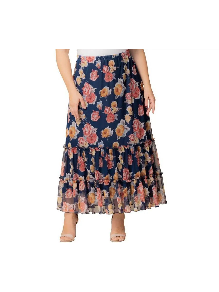 Макси-юбка Isla с ярусным сетчатым верхом больших размеров Kiyonna, Brushed florals — изображение 1 из 6