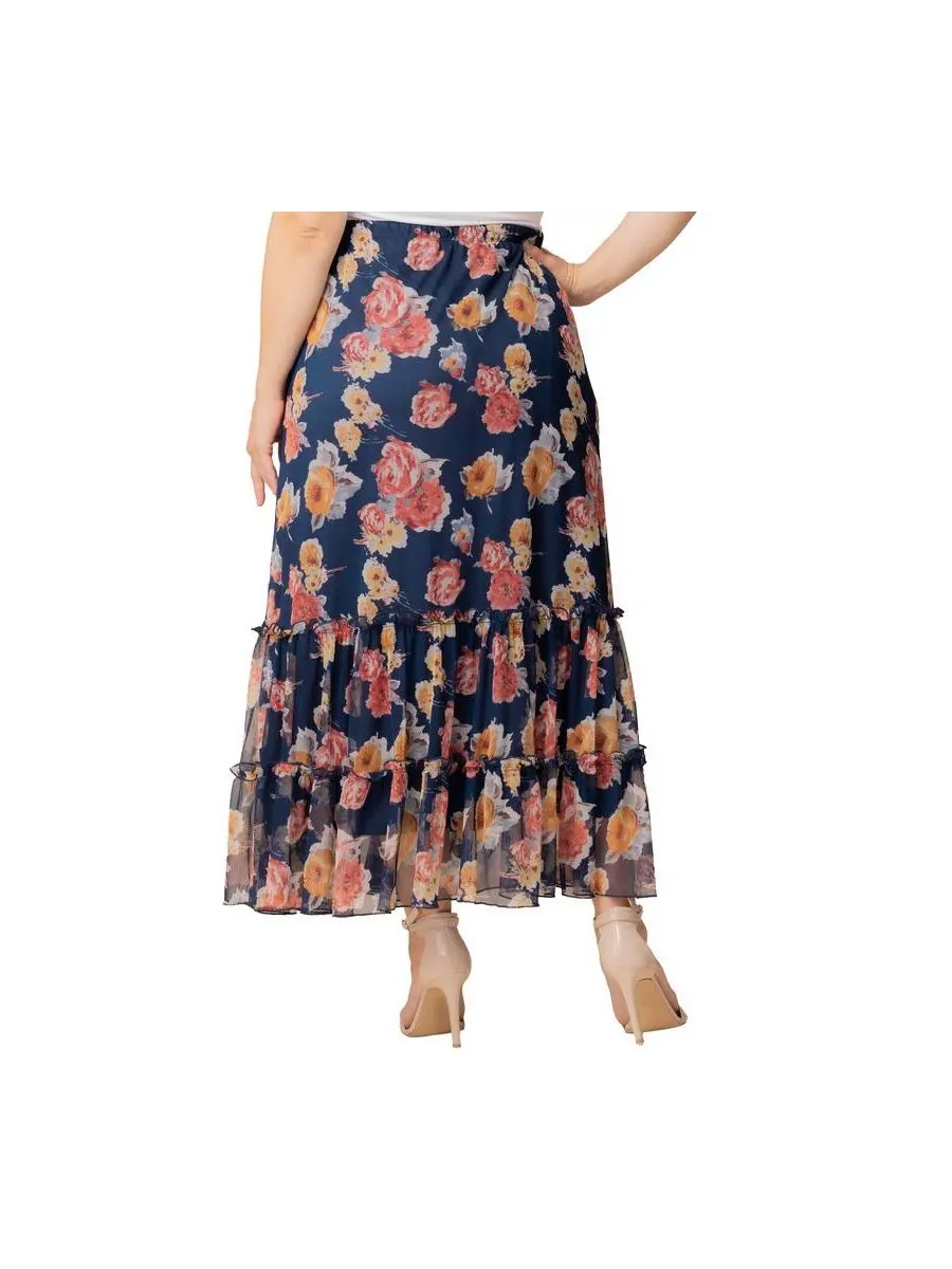 Макси-юбка Isla с ярусным сетчатым верхом больших размеров Kiyonna, Brushed florals — изображение 2 из 6