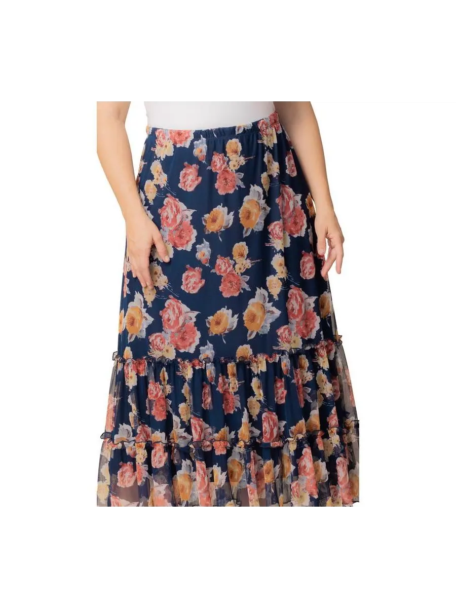 Макси-юбка Isla с ярусным сетчатым верхом больших размеров Kiyonna, Brushed florals — изображение 3 из 6