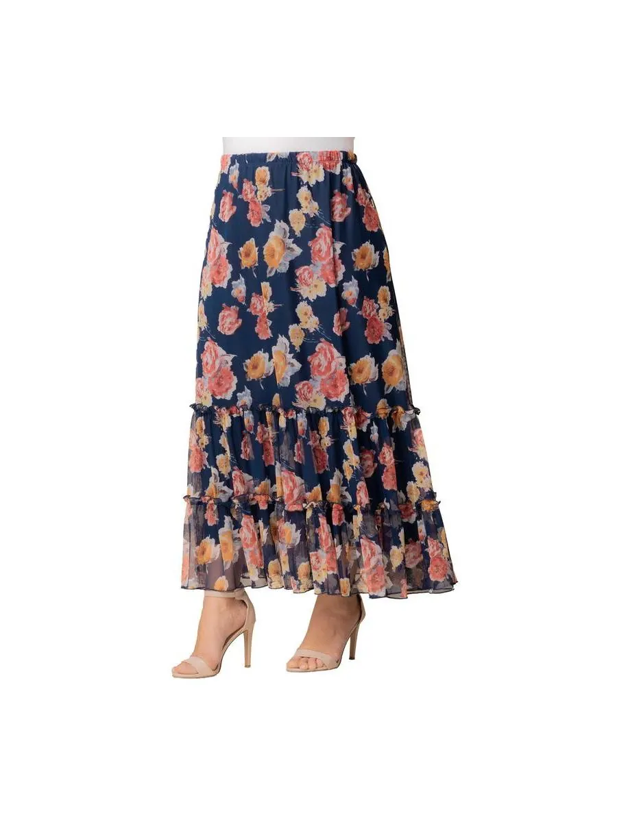 Макси-юбка Isla с ярусным сетчатым верхом больших размеров Kiyonna, Brushed florals — изображение 4 из 6