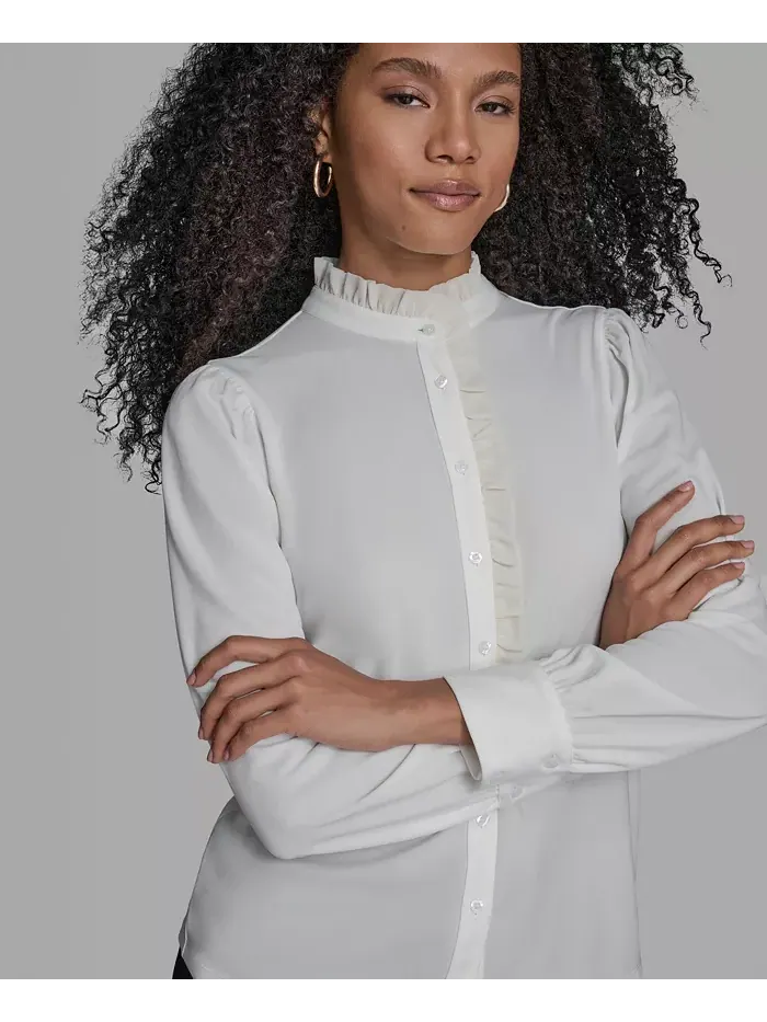 Блузка с длинными рукавами и оборками BCBG — изображение 3 из 5, белый