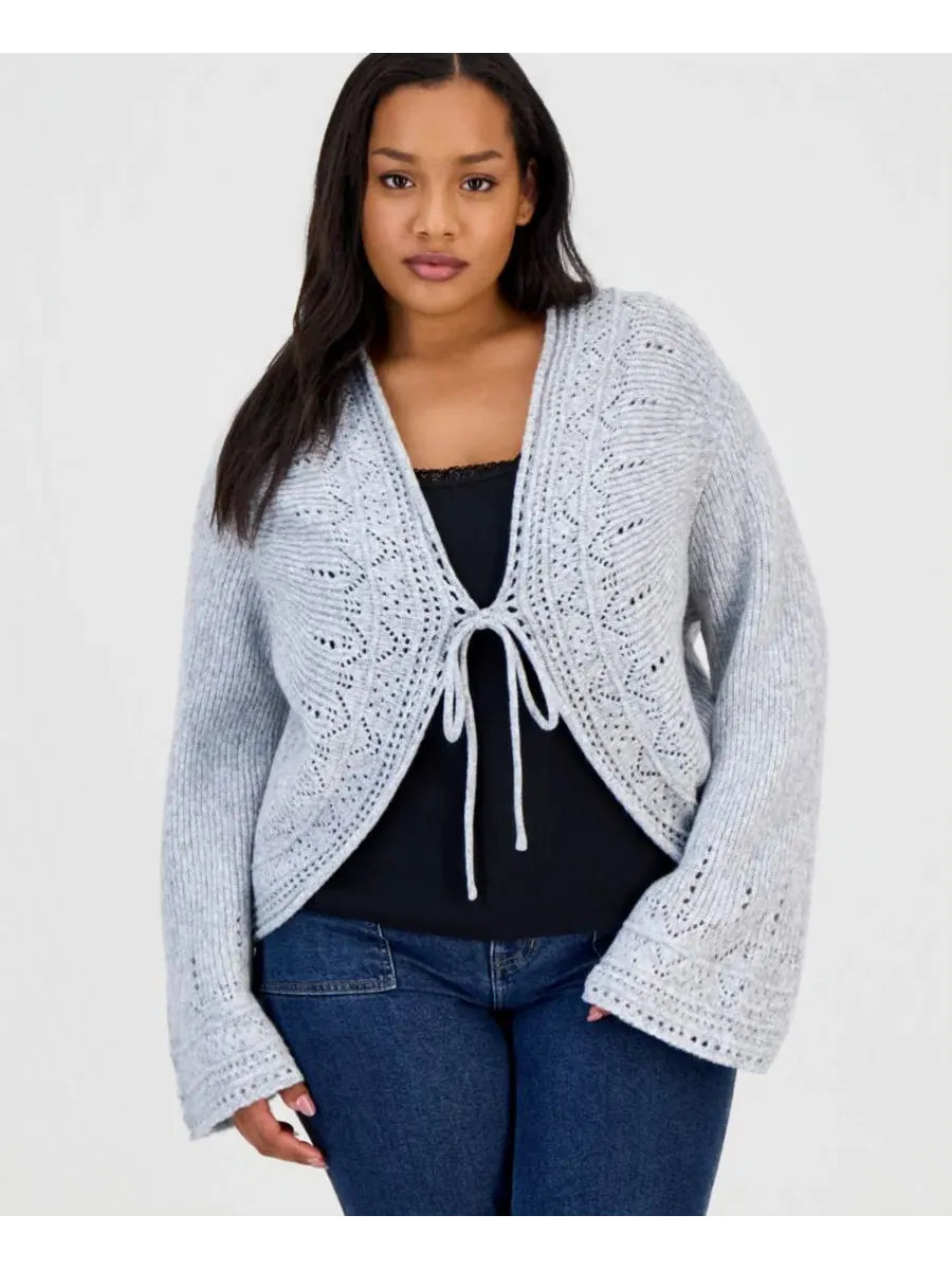 Кардиган с ажурным узором и завязками, модель Trendy Plus Size Pointelle Cutaway Cardigan And Now — изображение 1 из 4, серый