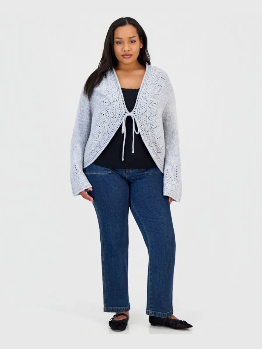Кардиган с ажурным узором и завязками, модель Trendy Plus Size Pointelle Cutaway Cardigan And Now — изображение 2 из 4, серый