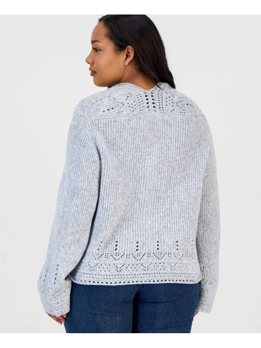 Кардиган с ажурным узором и завязками, модель Trendy Plus Size Pointelle Cutaway Cardigan And Now — изображение 3 из 4, серый