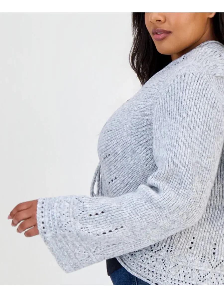 Кардиган с ажурным узором и завязками, модель Trendy Plus Size Pointelle Cutaway Cardigan And Now — изображение 4 из 4, серый