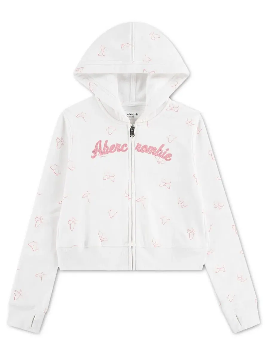 Детский худи с принтом, на молнии, с капюшоном, с длинным рукавом abercrombie kids — изображение 1 из 3, белый