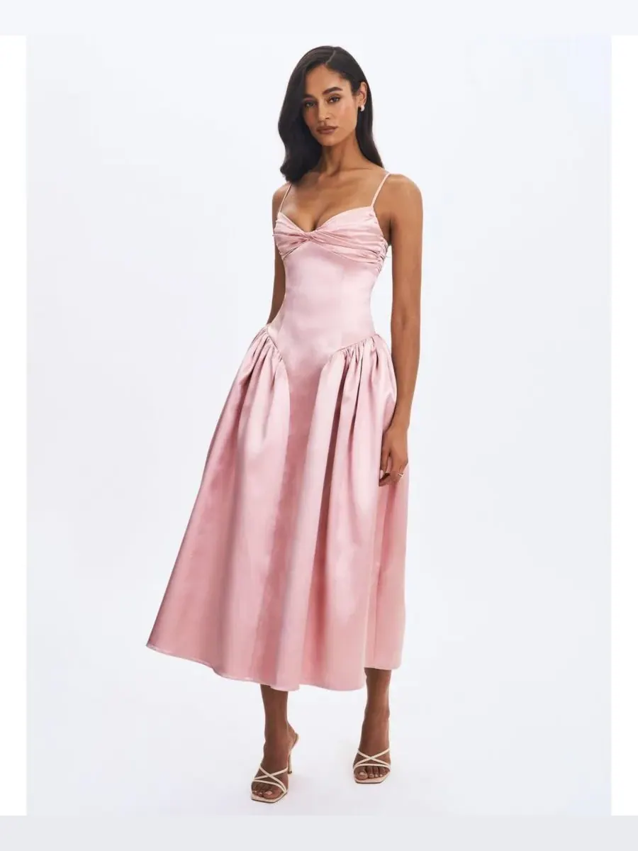 Miss Circle Женское атласное платье миди Tullia пыльно-розового цвета с драпировкой — изображение 5 из 9, розовый