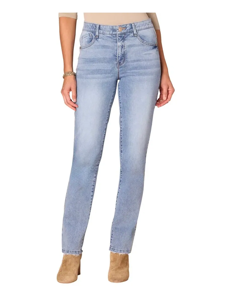 Джинсы прямого кроя с высокой посадкой Petite High-Rise Straight-Leg Jeans Democracy — изображение 1 из 3, светлый синий