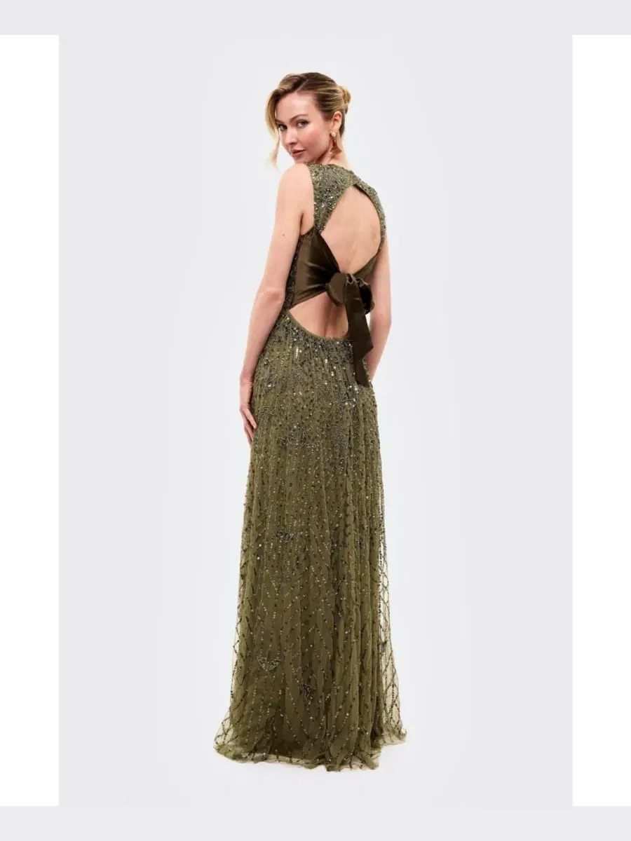 Платье макси с блестками с вырезом на спине, модель Embellished Sequins Back Satin Bow BEAUUT — изображение 4 из 4, хаки