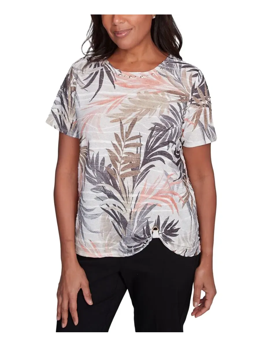 Футболка с тропическим принтом и коротким рукавом Petite Warm Palm Tree Alfred Dunner — изображение 1 из 5, серый