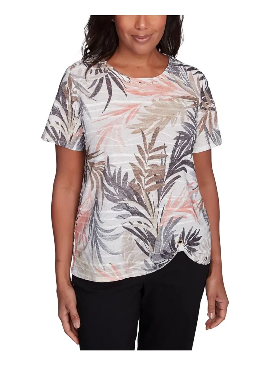 Футболка с тропическим принтом и коротким рукавом Petite Warm Palm Tree Alfred Dunner — изображение 2 из 5, серый