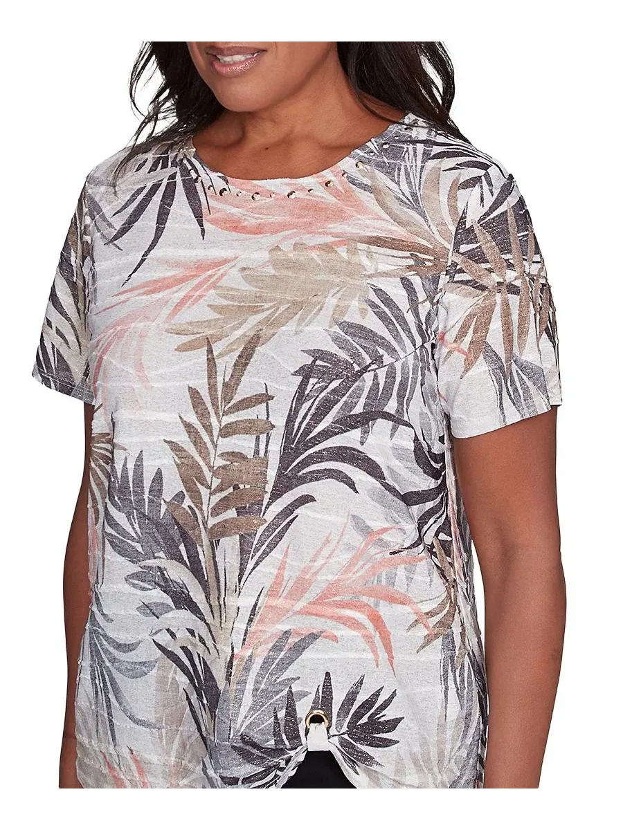 Футболка с тропическим принтом и коротким рукавом Petite Warm Palm Tree Alfred Dunner — изображение 4 из 5, серый
