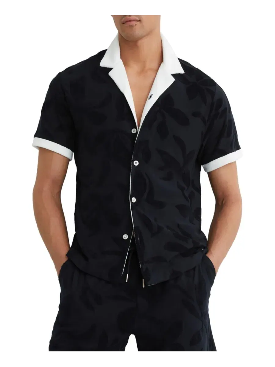 Мужская рубашка с кубинским воротником Zuma Towelling Jacquard Cuban Shirt REISS — изображение 1 из 5, темно-синий