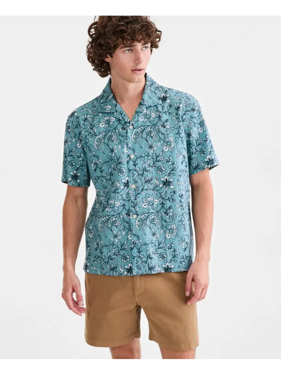 Мужская рубашка из льна с принтом, модель Floral-Print Camp Shirt Sun + Stone — изображение 1 из 4, зеленый