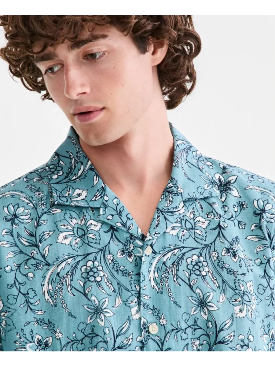 Мужская рубашка из льна с принтом, модель Floral-Print Camp Shirt Sun + Stone — изображение 3 из 4, зеленый