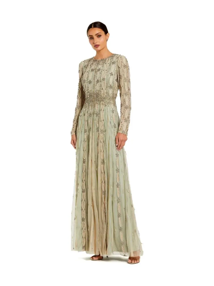 Платье-трапеция с длинным рукавом и вышивкой Mac Duggal, Nude Sage — изображение 1 из 6, бежевый