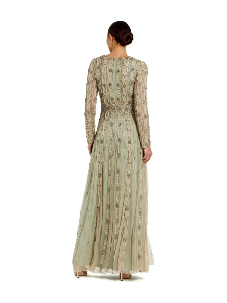 Платье-трапеция с длинным рукавом и вышивкой Mac Duggal, Nude Sage — изображение 2 из 6, бежевый