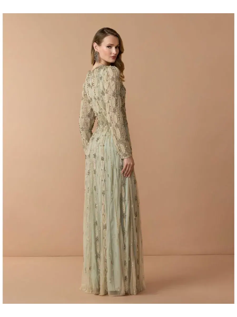 Платье-трапеция с длинным рукавом и вышивкой Mac Duggal, Nude Sage — изображение 4 из 6, бежевый