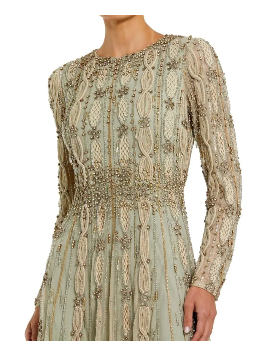 Платье-трапеция с длинным рукавом и вышивкой Mac Duggal, Nude Sage — изображение 6 из 6, бежевый