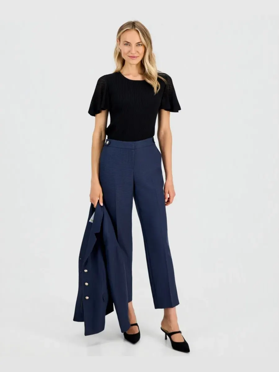Брюки женские с принтом в клетку, модель Mini-Check-Print Mid-Rise Ankle Pants Kasper — изображение 2 из 7, синий/черный