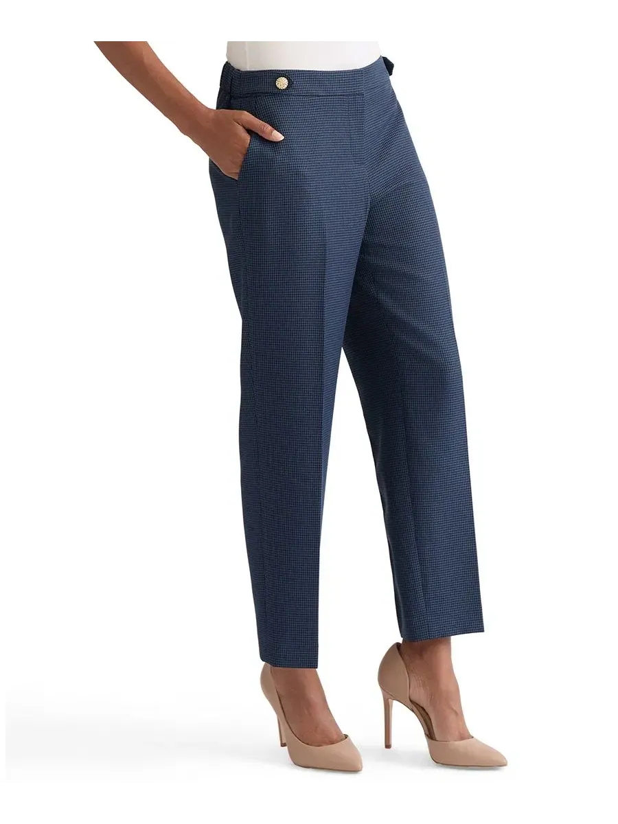Брюки женские с принтом в клетку, модель Mini-Check-Print Mid-Rise Ankle Pants Kasper — изображение 4 из 7, синий/черный