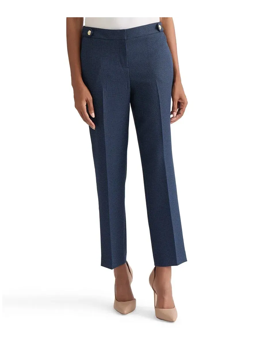 Брюки женские с принтом в клетку, модель Mini-Check-Print Mid-Rise Ankle Pants Kasper — изображение 7 из 7, синий/черный