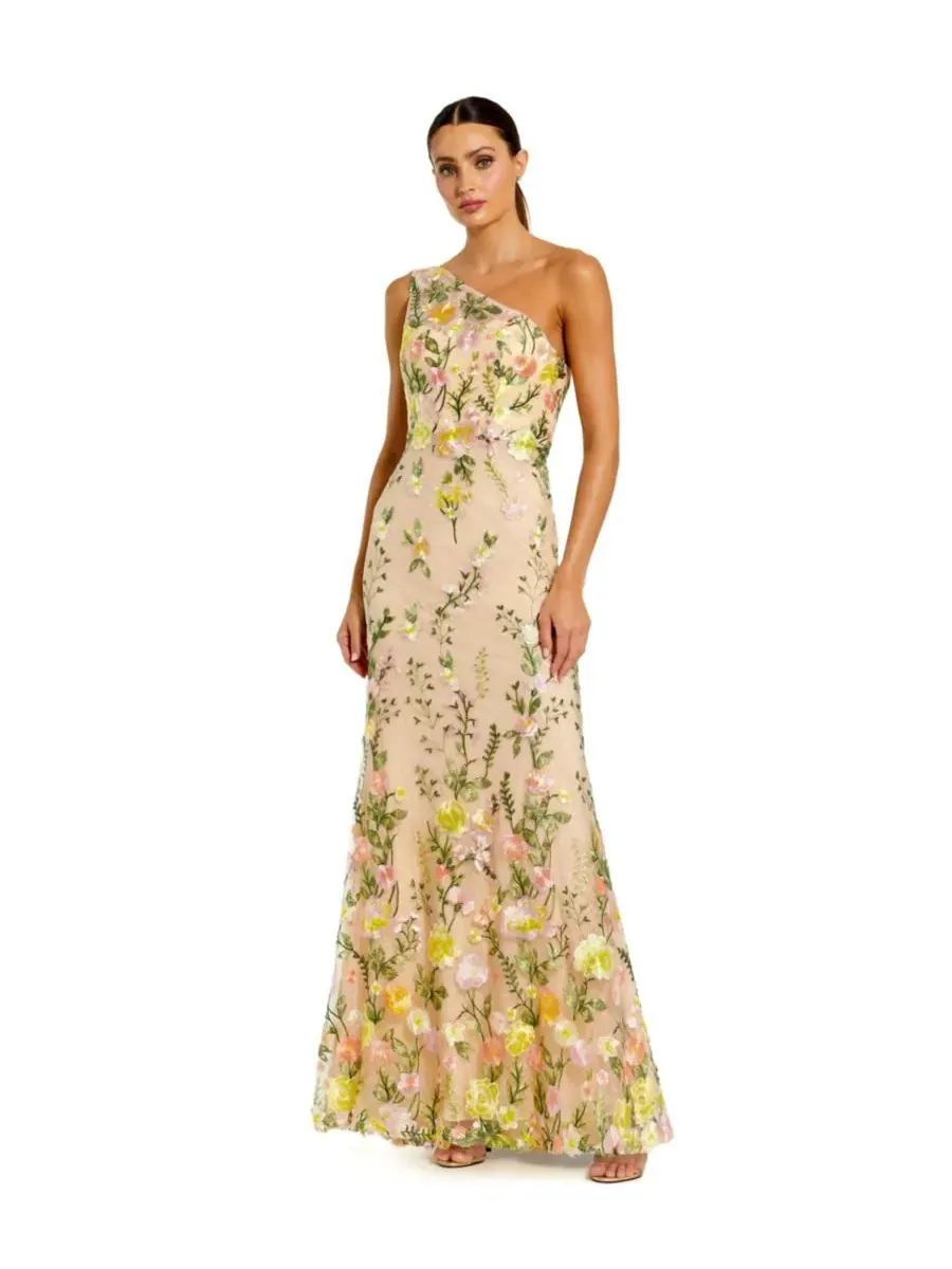 Mac Duggal Платье-платье Petite One Shlouder Lace Embroidered Gown Dress — изображение 1 из 3, желтый мульти
