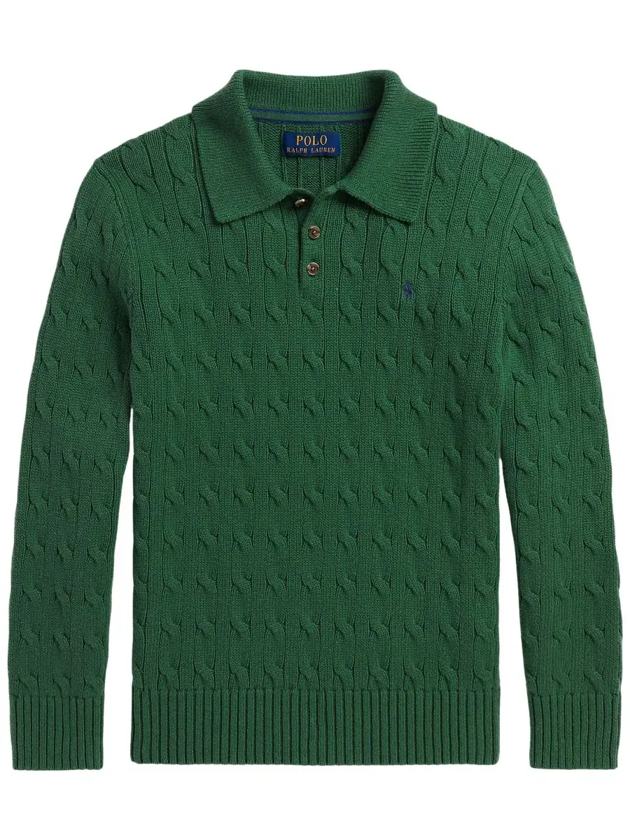 Свитер из хлопка с косами, с длинным рукавом, поло Polo Ralph Lauren — изображение 1 из 3, зеленый
