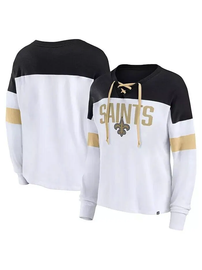 Женский белый и черный топ New Orleans Saints размера плюс с v-образным вырезом и длинными рукавами — изображение 1 из 3