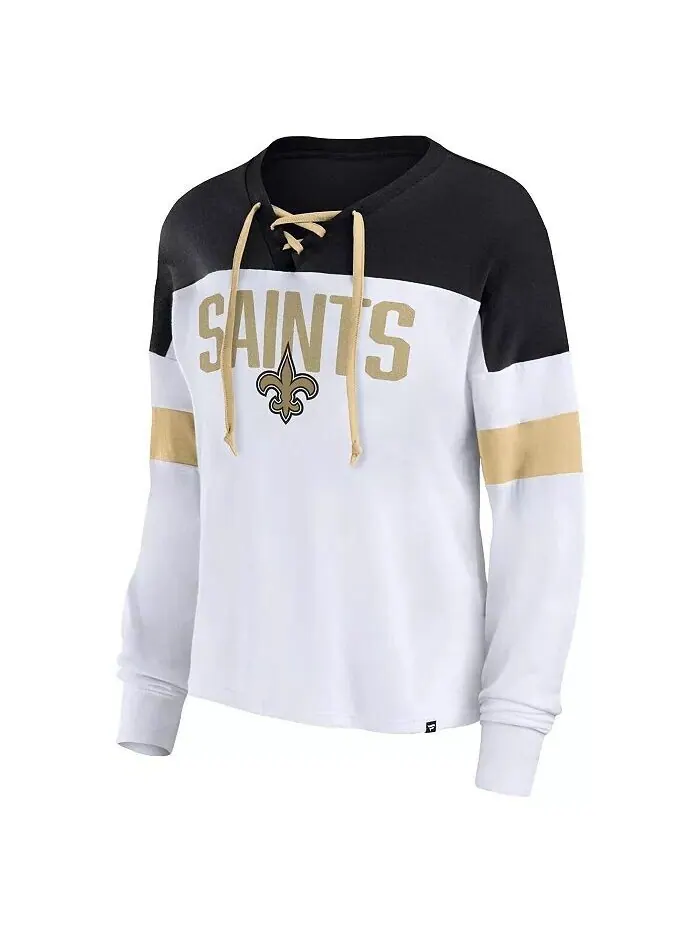 Женский белый и черный топ New Orleans Saints размера плюс с v-образным вырезом и длинными рукавами — изображение 2 из 3