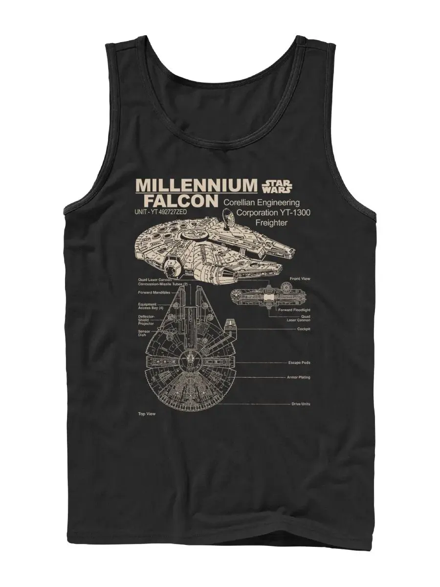Мужская майка с принтом Star Wars Millennium Falcon Technical Schematic Fifth Sun — изображение 1 из 3, черный