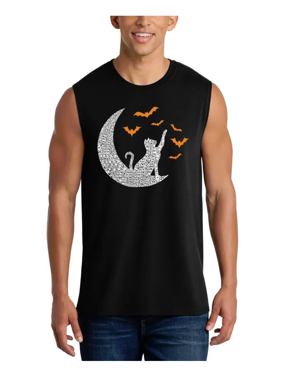 Мужская майка с принтом Cat on Moon Halloween Word Art LA Pop Art — изображение 1 из 4, черный
