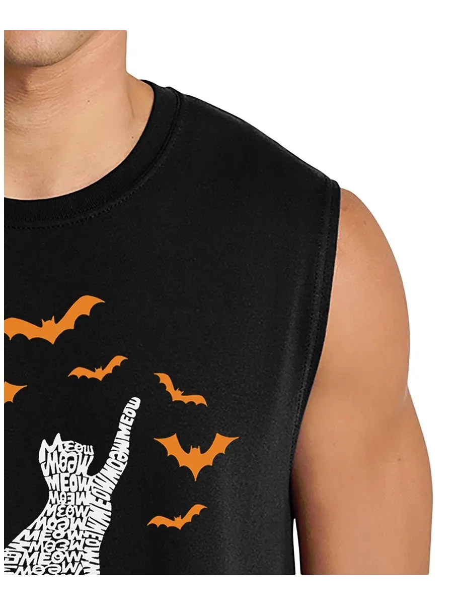 Мужская майка с принтом Cat on Moon Halloween Word Art LA Pop Art — изображение 2 из 4, черный
