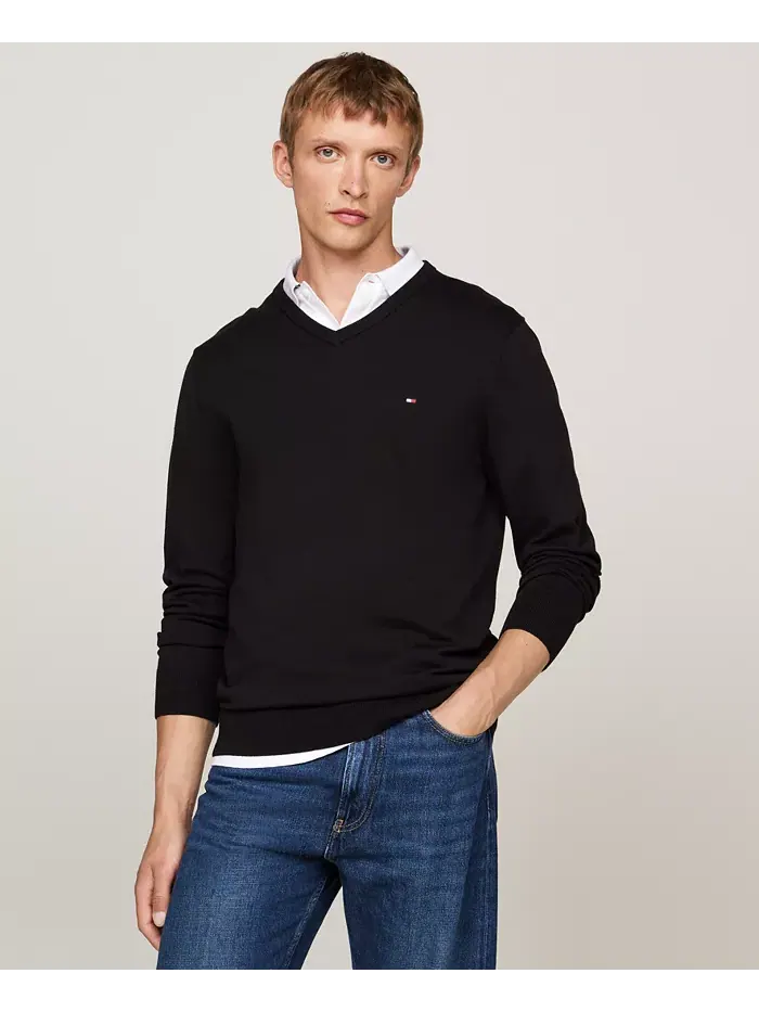 Мужской базовый однотонный свитер с V-образным вырезом Tommy Hilfiger — изображение 1 из 5, черный