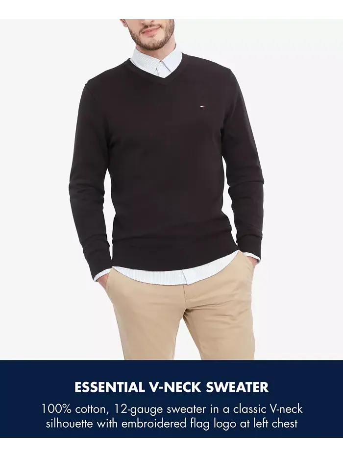 Мужской базовый однотонный свитер с V-образным вырезом Tommy Hilfiger — изображение 5 из 5, черный