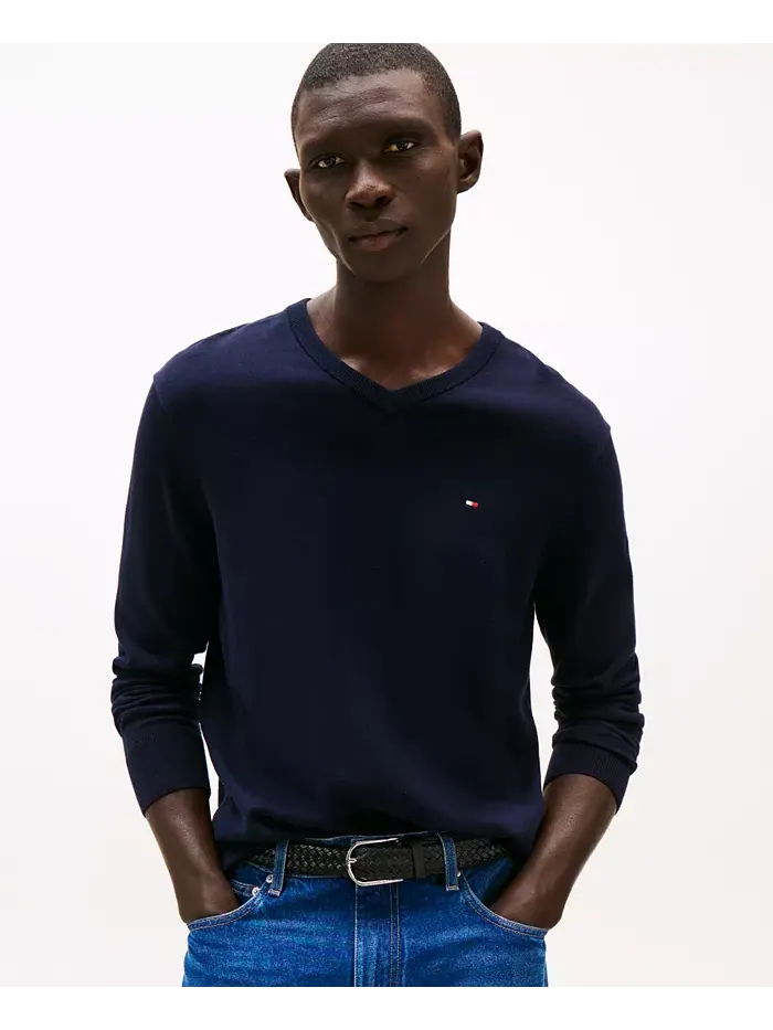 Мужской базовый однотонный свитер с V-образным вырезом Tommy Hilfiger — изображение 1 из 5, голубой