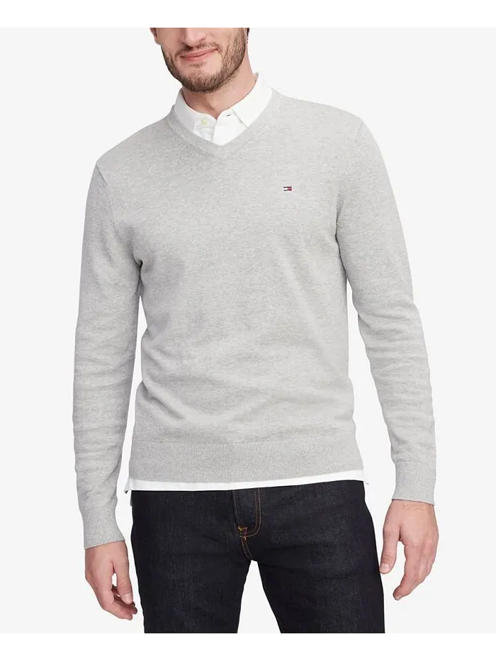 Мужской однотонный свитер с v-образным вырезом Essential Tommy Hilfiger — изображение 1 из 5, светлый серый