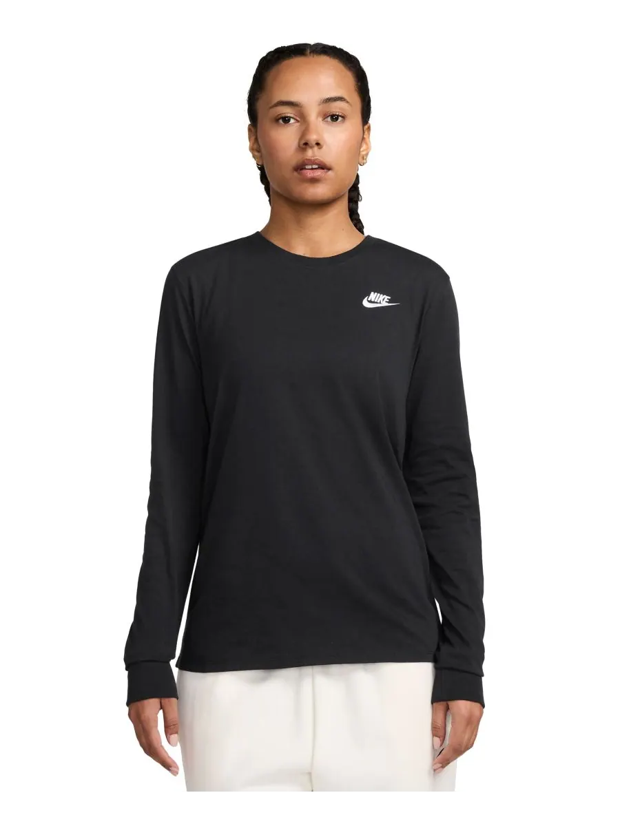 Женская хлопковая футболка с длинными рукавами Sportswear Club, размеры XS-3X Nike — изображение 1 из 3, черный/белый