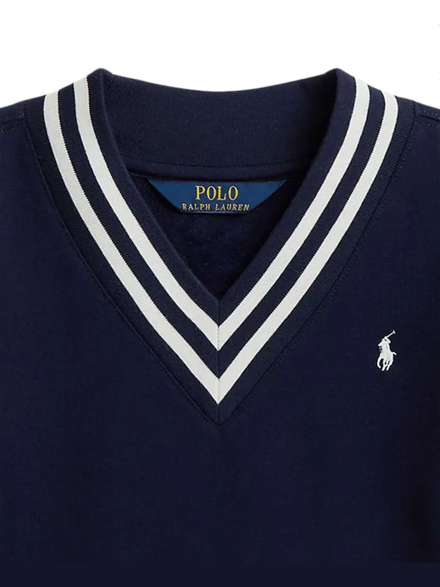 Свитшот с V-образным вырезом и полосатой отделкой, с длинным рукавом Polo Ralph Lauren — изображение 3 из 3, темно-синий