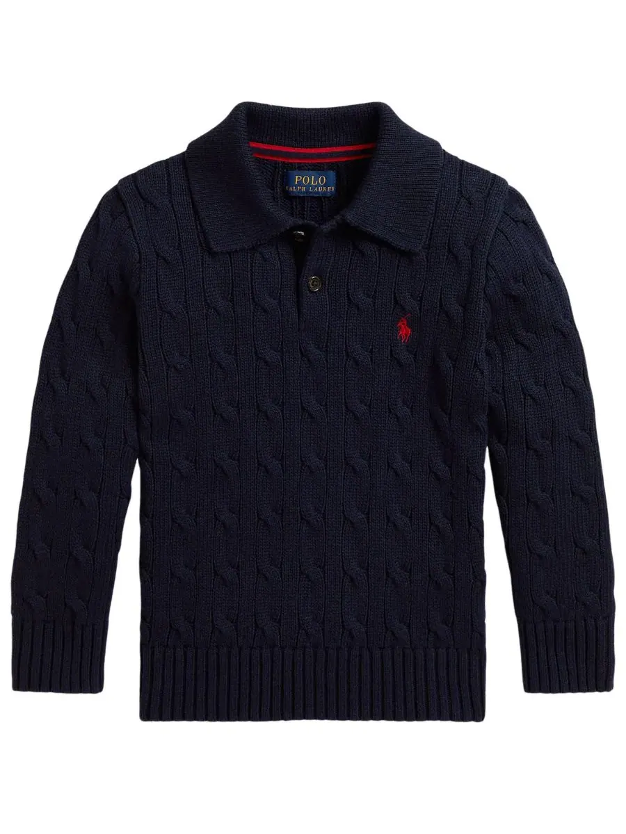 Свитер поло с косами из хлопка, модель Cable-Knit Cotton Polo Sweater Polo Ralph Lauren — изображение 1 из 3, темно-синий