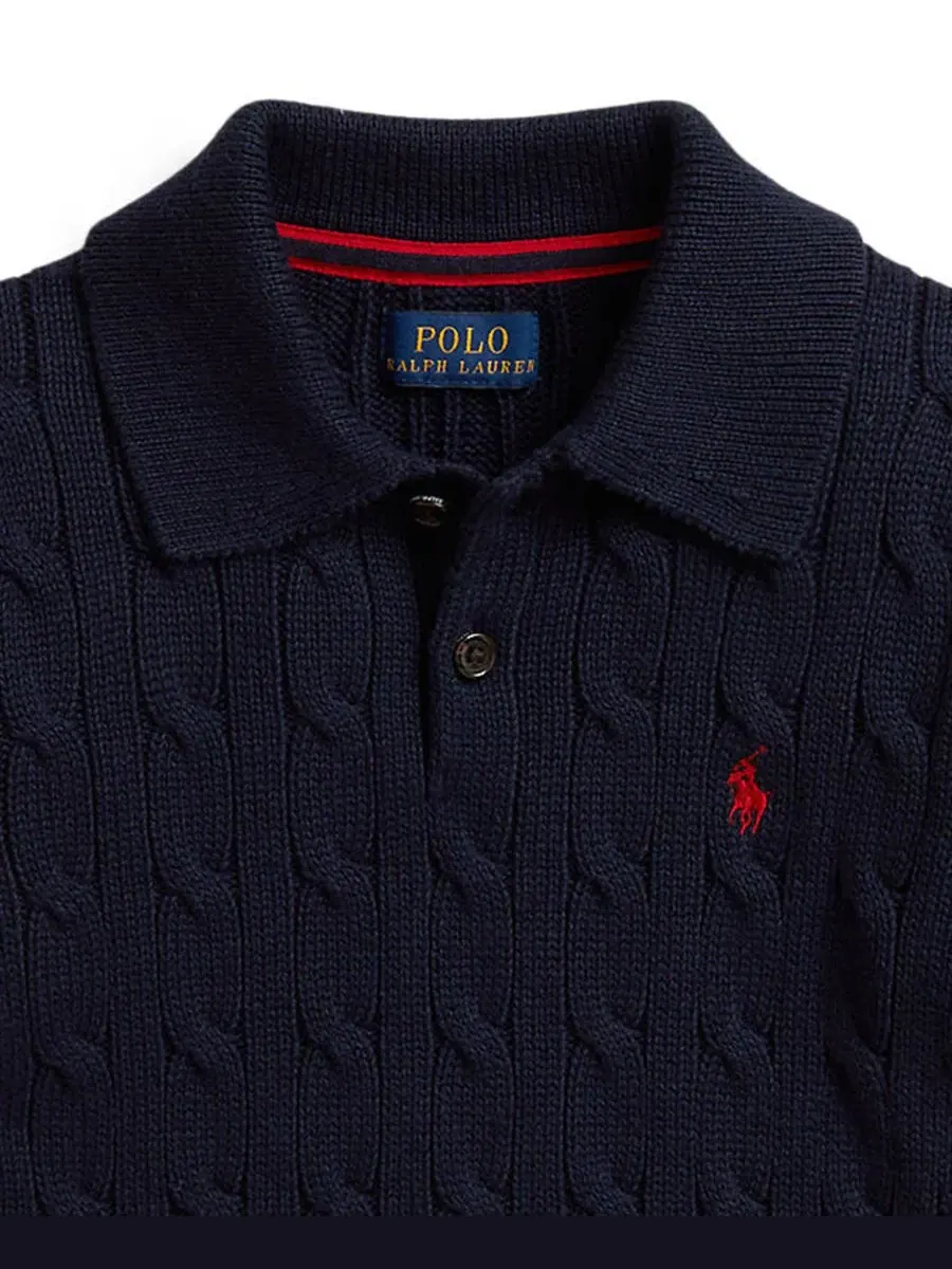 Свитер поло с косами из хлопка, модель Cable-Knit Cotton Polo Sweater Polo Ralph Lauren — изображение 3 из 3, темно-синий