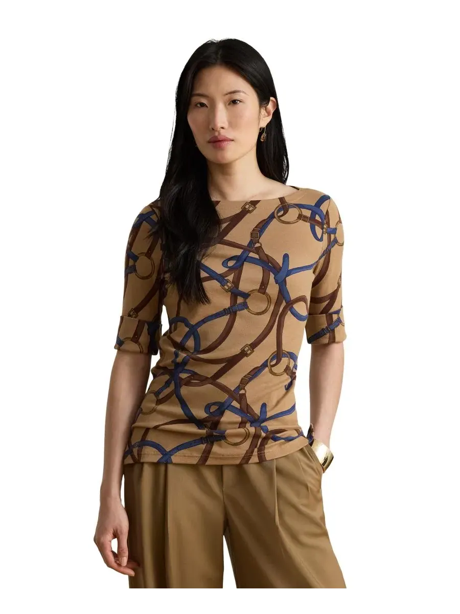 Топ с принтом в стиле конной тематики, с лодочным вырезом и рукавом до локтя Lauren Ralph Lauren — изображение 1 из 8, мульти