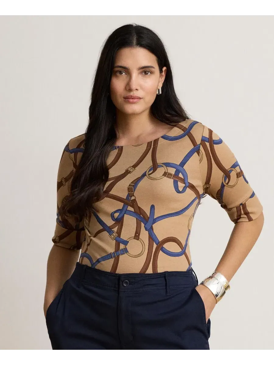 Топ с принтом в стиле конной тематики, с лодочным вырезом и рукавом до локтя Lauren Ralph Lauren — изображение 3 из 8, мульти